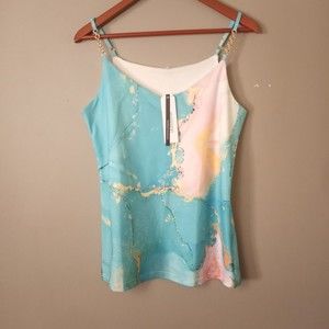 NWT Saukole Womens Small Blue Gold Cami Tank Top Stretch Agate